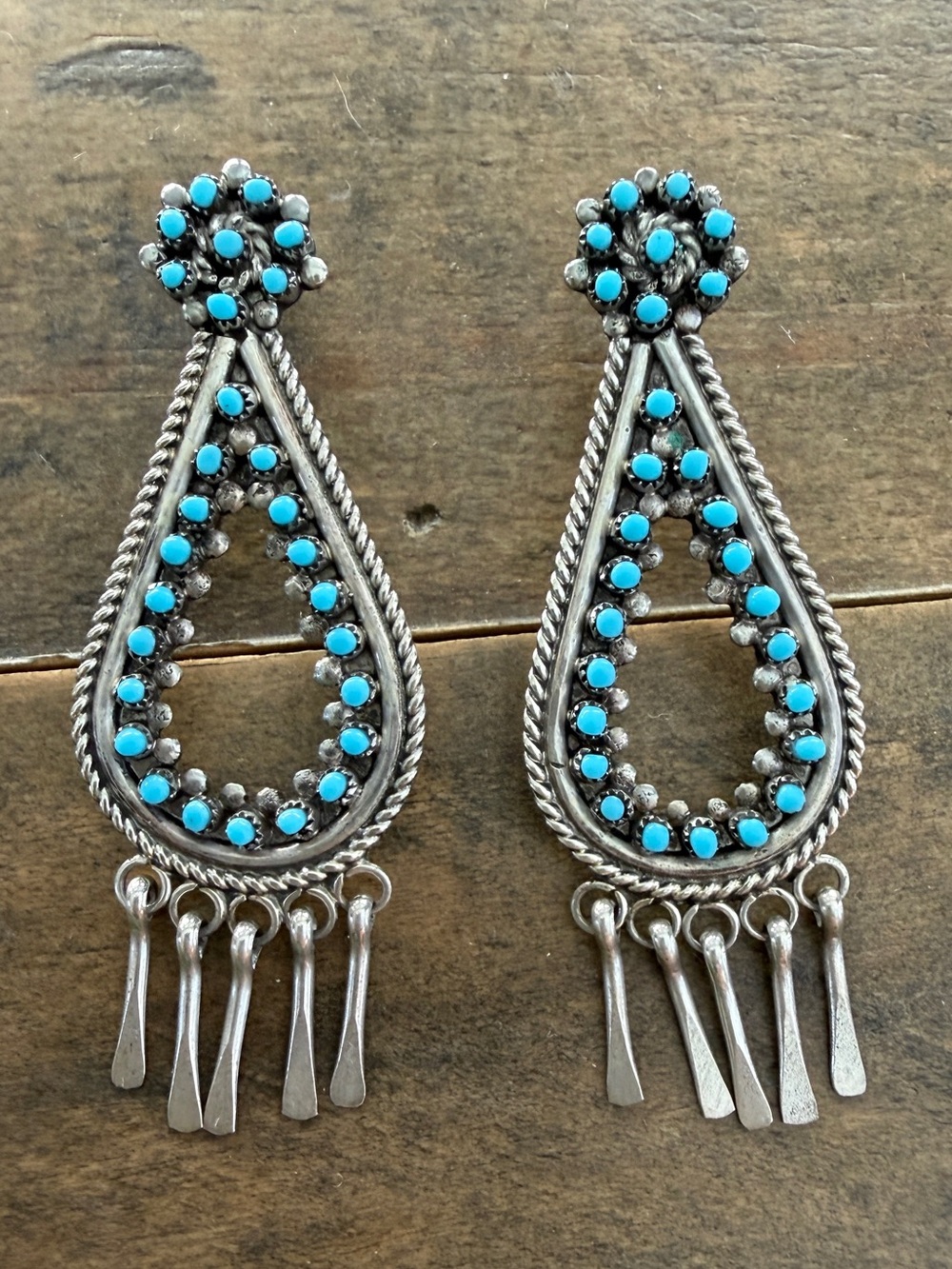 Vintage Native Zuni Snake Eye Teardrop Turquoise Sterling Silver Dangle Earrings